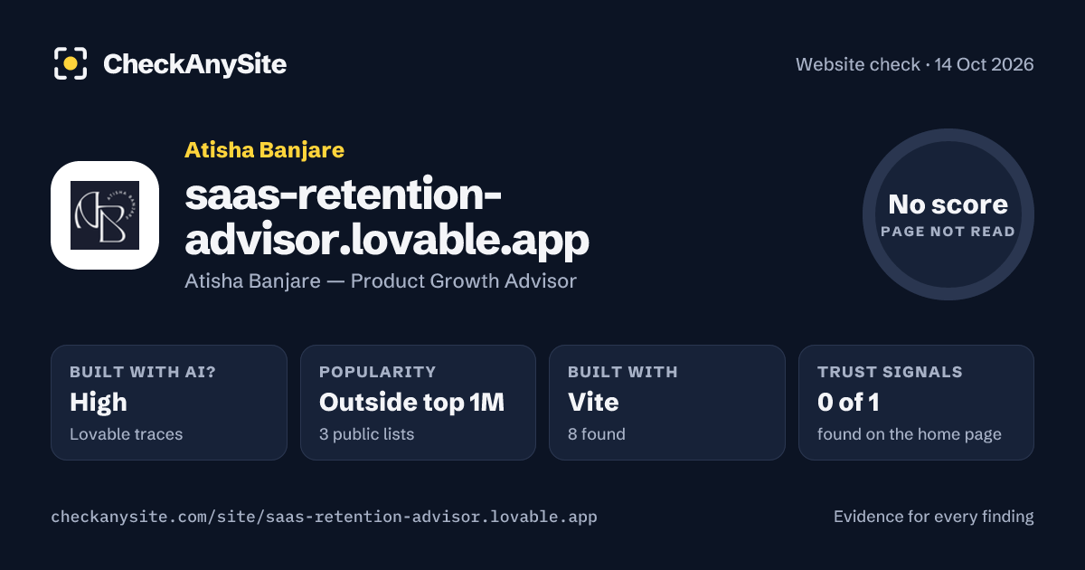 saas-retention-advisor.lovable.app on CheckAnySite: AI traces high, popularity Outside top 1M, no score.