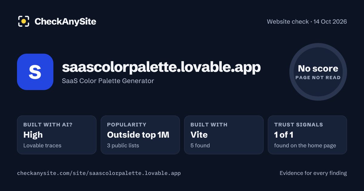 saascolorpalette.lovable.app on CheckAnySite: AI traces high, popularity Outside top 1M, no score.
