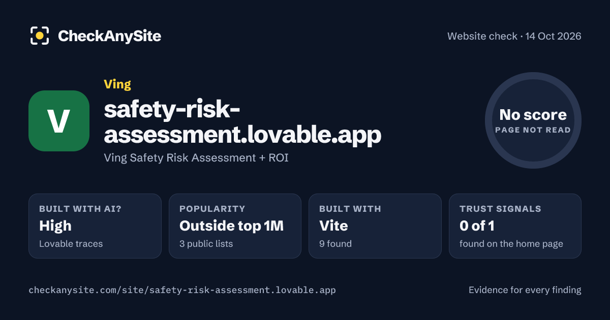 safety-risk-assessment.lovable.app on CheckAnySite: AI traces high, popularity Outside top 1M, no score.