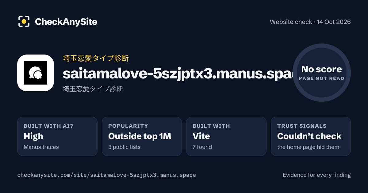 saitamalove-5szjptx3.manus.space on CheckAnySite: AI traces high, popularity Outside top 1M, no score.