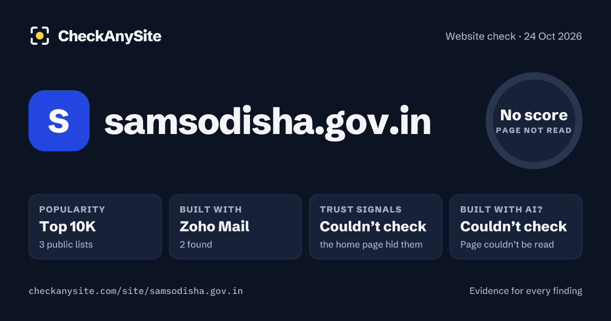samsodisha.gov.in on CheckAnySite: AI traces couldn’t check, popularity Top 10K, no score.