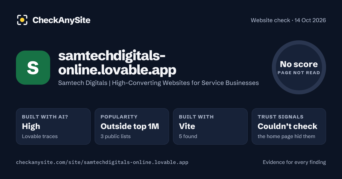 samtechdigitals-online.lovable.app on CheckAnySite: AI traces high, popularity Outside top 1M, no score.