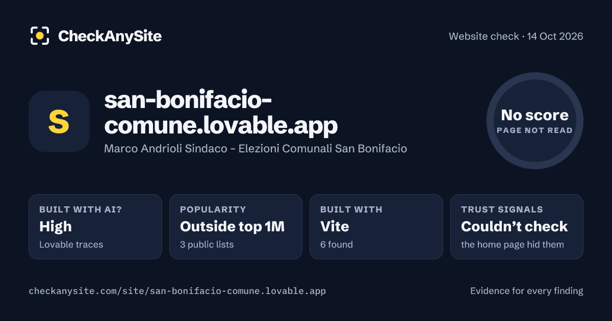 san-bonifacio-comune.lovable.app on CheckAnySite: AI traces high, popularity Outside top 1M, no score.