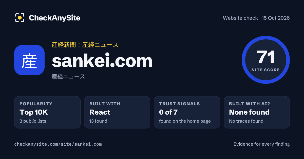 sankei.com on CheckAnySite: AI traces none found, popularity Top 10K, site score 71 of 100.
