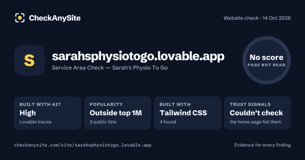 sarahsphysiotogo.lovable.app on CheckAnySite: AI traces high, popularity Outside top 1M, no score.