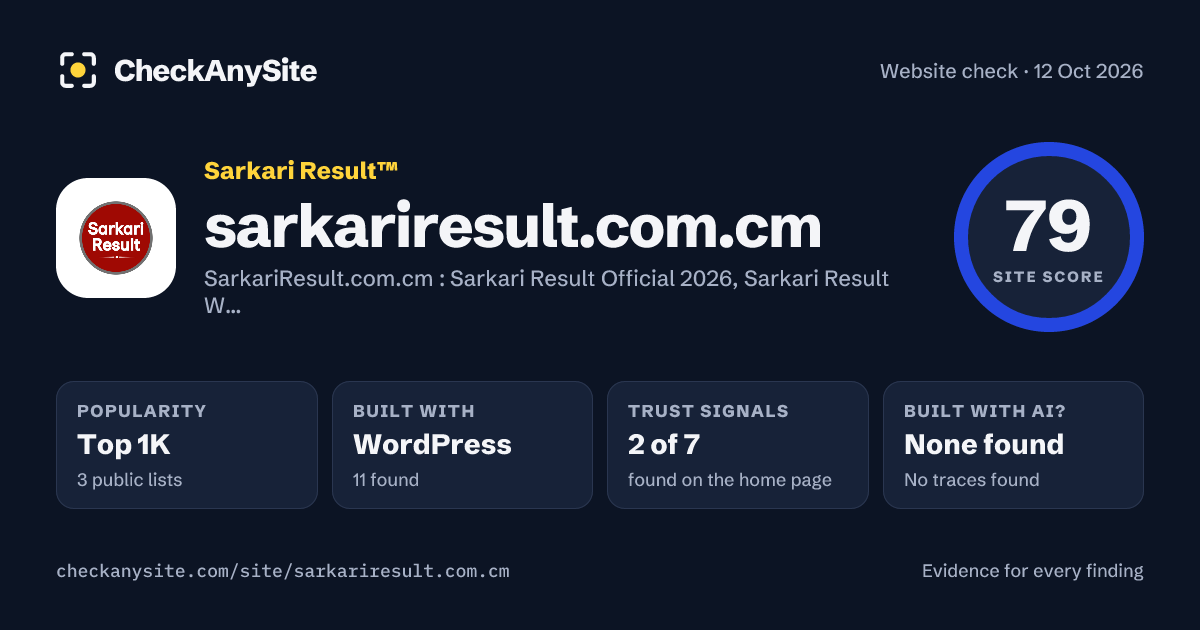 sarkariresult.com.cm on CheckAnySite: AI traces none found, popularity Top 1K, site score 79 of 100.