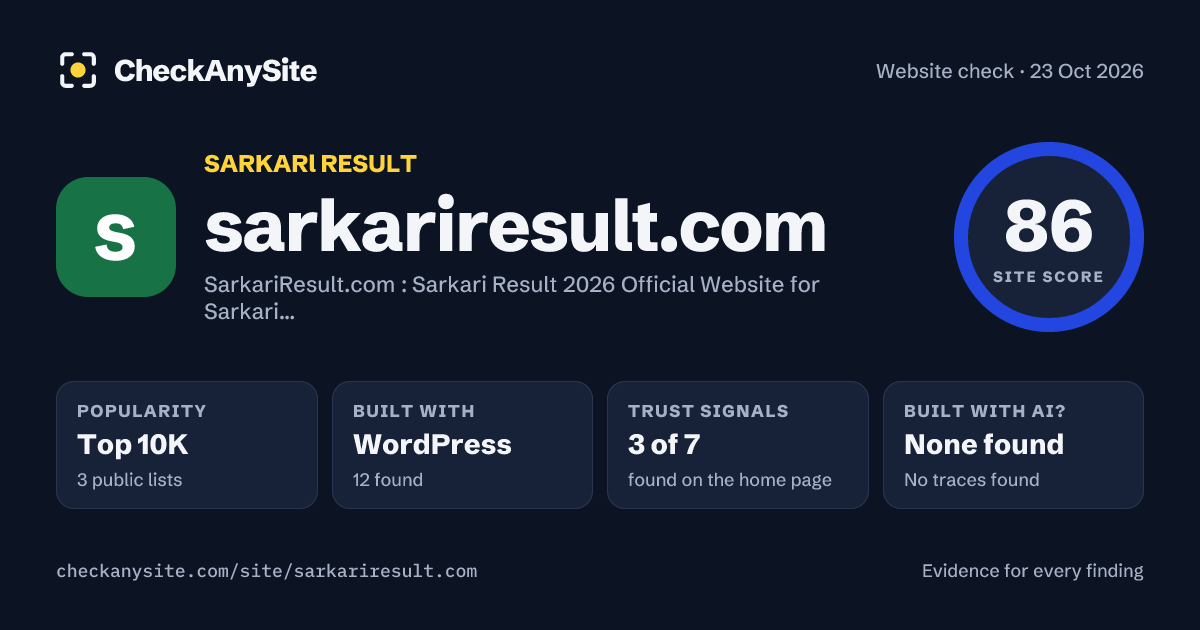sarkariresult.com on CheckAnySite: AI traces none found, popularity Top 10K, site score 86 of 100.