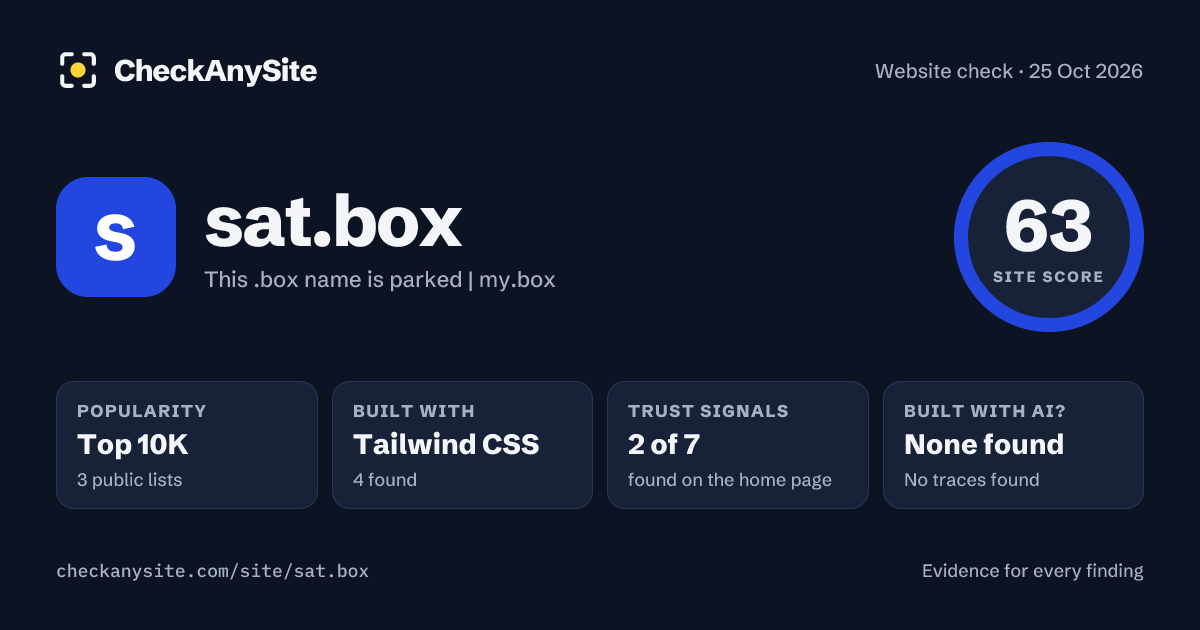 sat.box on CheckAnySite: AI traces none found, popularity Top 10K, site score 63 of 100.
