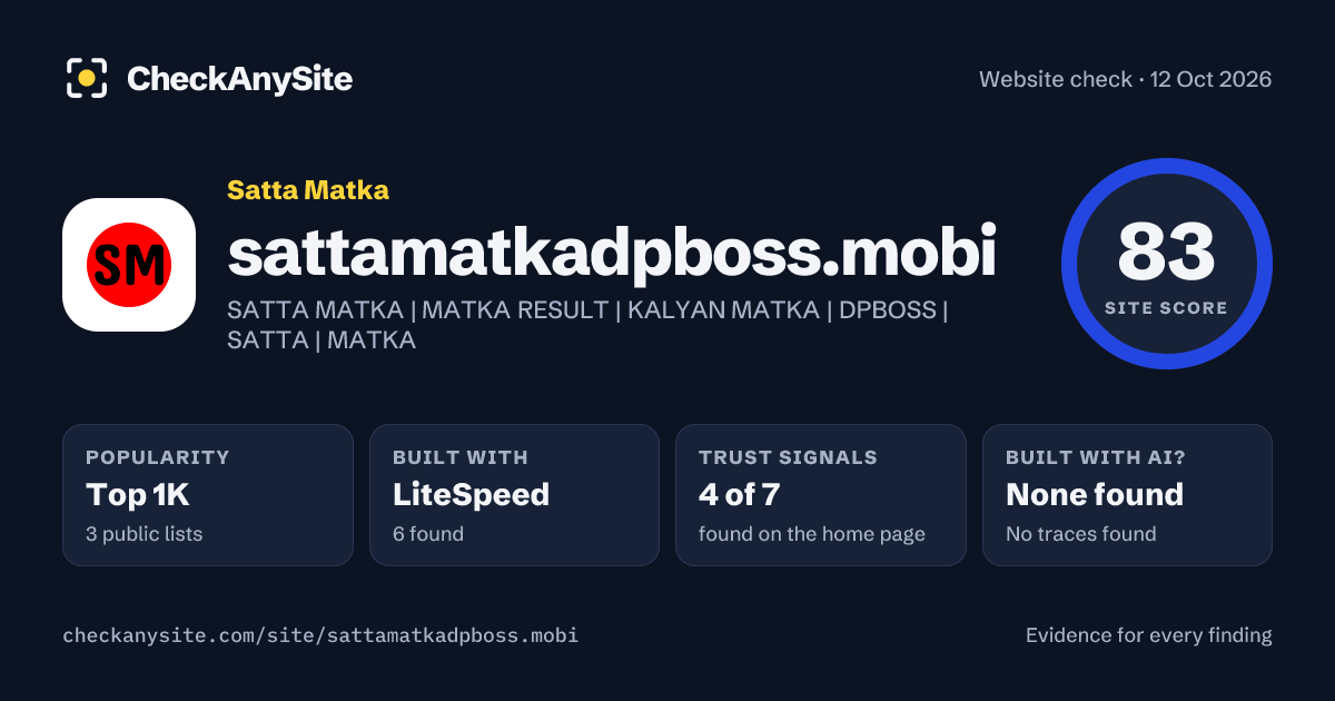 sattamatkadpboss.mobi on CheckAnySite: AI traces none found, popularity Top 1K, site score 83 of 100.