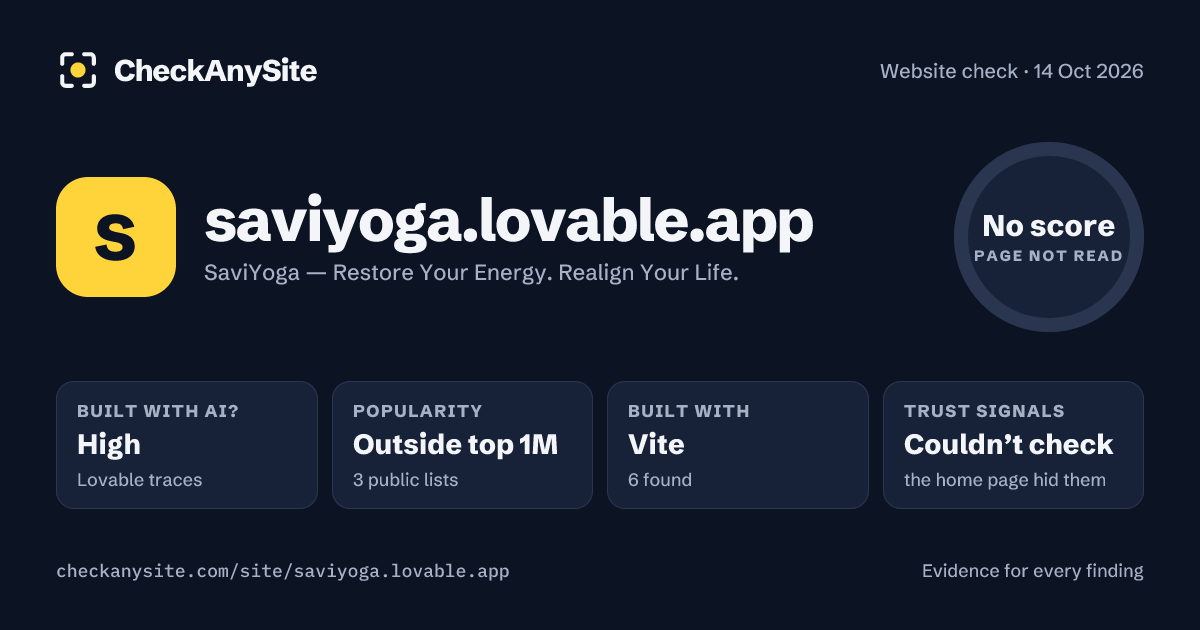 saviyoga.lovable.app on CheckAnySite: AI traces high, popularity Outside top 1M, no score.