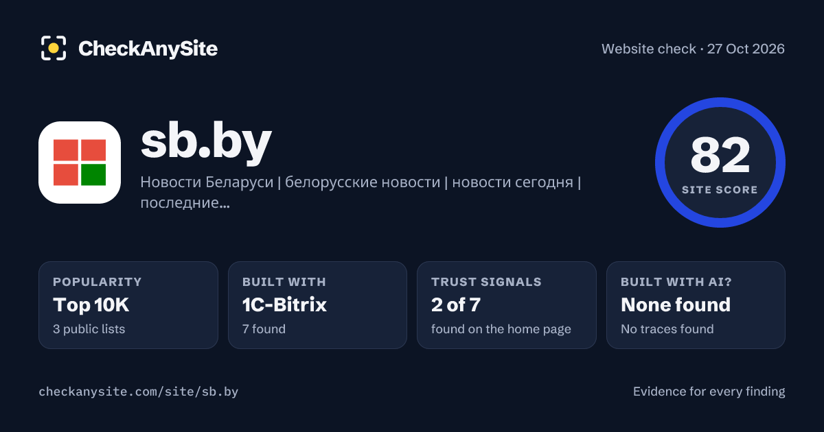 sb.by on CheckAnySite: AI traces none found, popularity Top 10K, site score 82 of 100.
