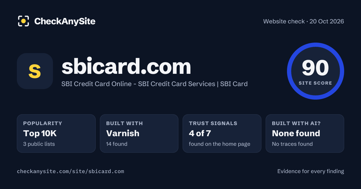 sbicard.com on CheckAnySite: AI traces none found, popularity Top 10K, site score 90 of 100.
