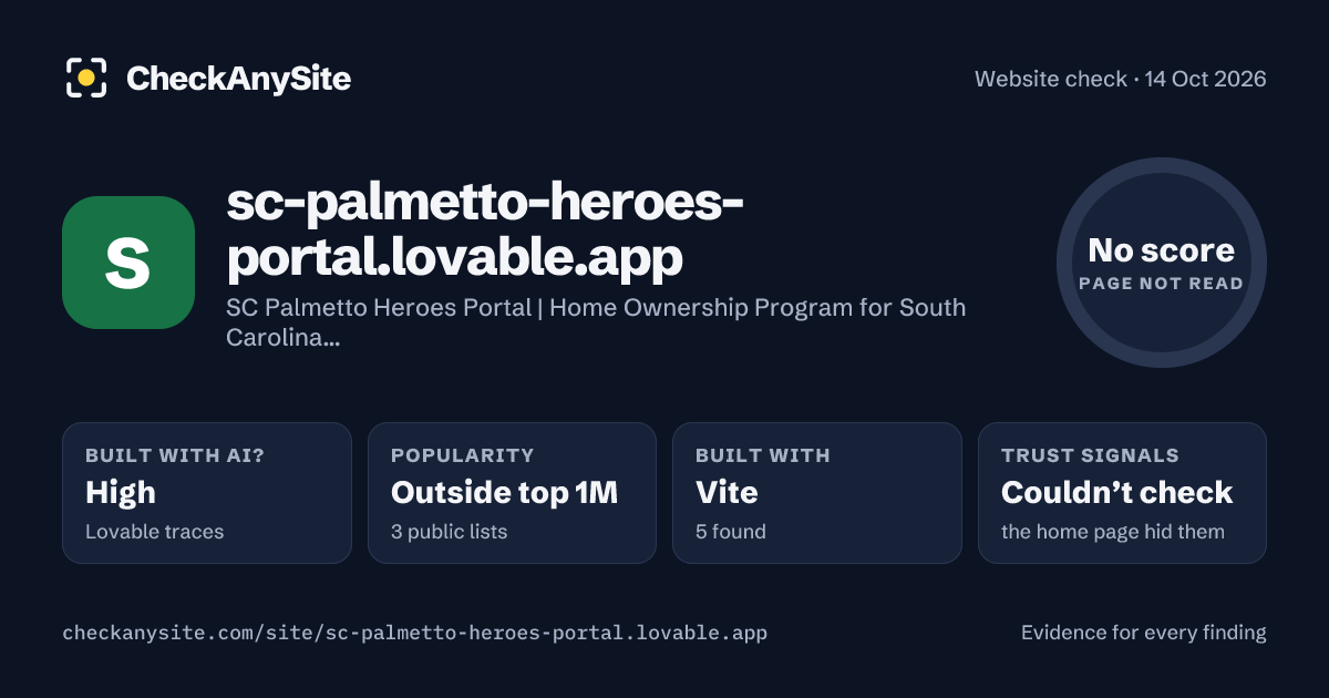 sc-palmetto-heroes-portal.lovable.app on CheckAnySite: AI traces high, popularity Outside top 1M, no score.
