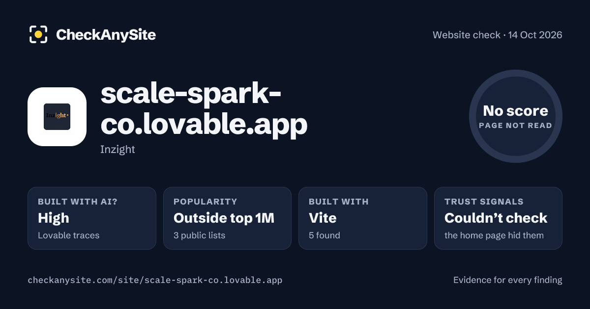 scale-spark-co.lovable.app on CheckAnySite: AI traces high, popularity Outside top 1M, no score.
