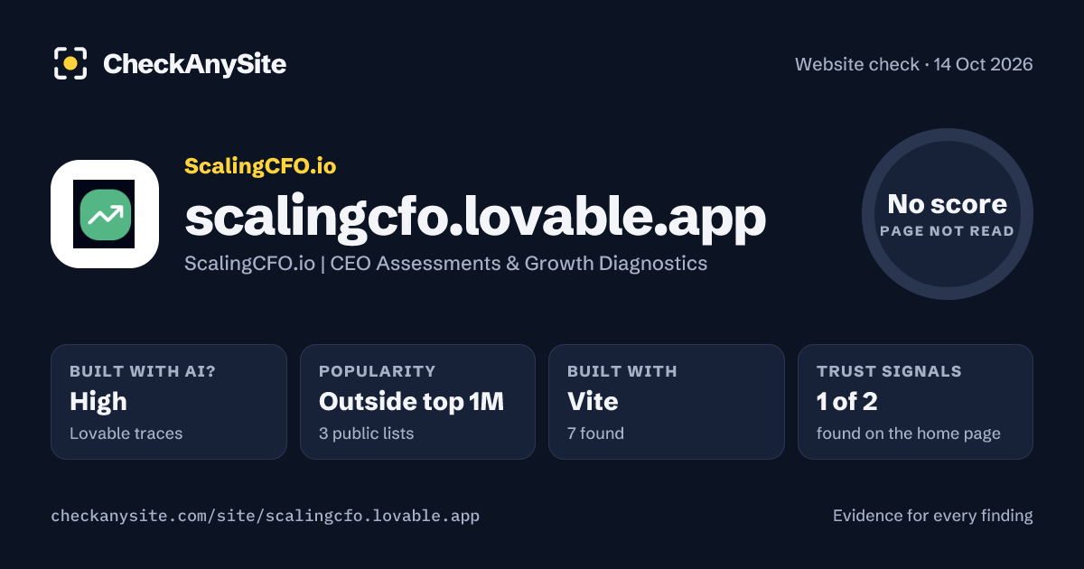 scalingcfo.lovable.app on CheckAnySite: AI traces high, popularity Outside top 1M, no score.