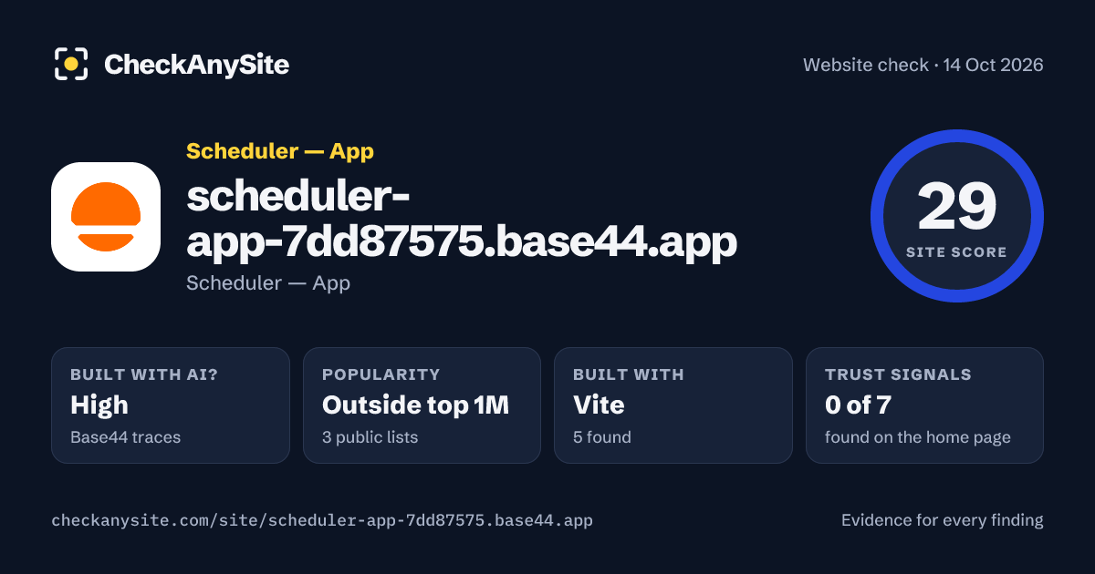 scheduler-app-7dd87575.base44.app on CheckAnySite: AI traces high, popularity Outside top 1M, site score 29 of 100.