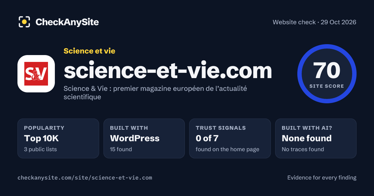 science-et-vie.com on CheckAnySite: AI traces none found, popularity Top 10K, site score 70 of 100.