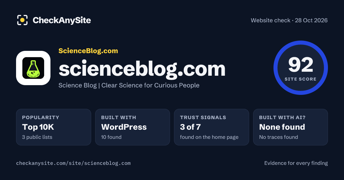 scienceblog.com on CheckAnySite: AI traces none found, popularity Top 10K, site score 92 of 100.