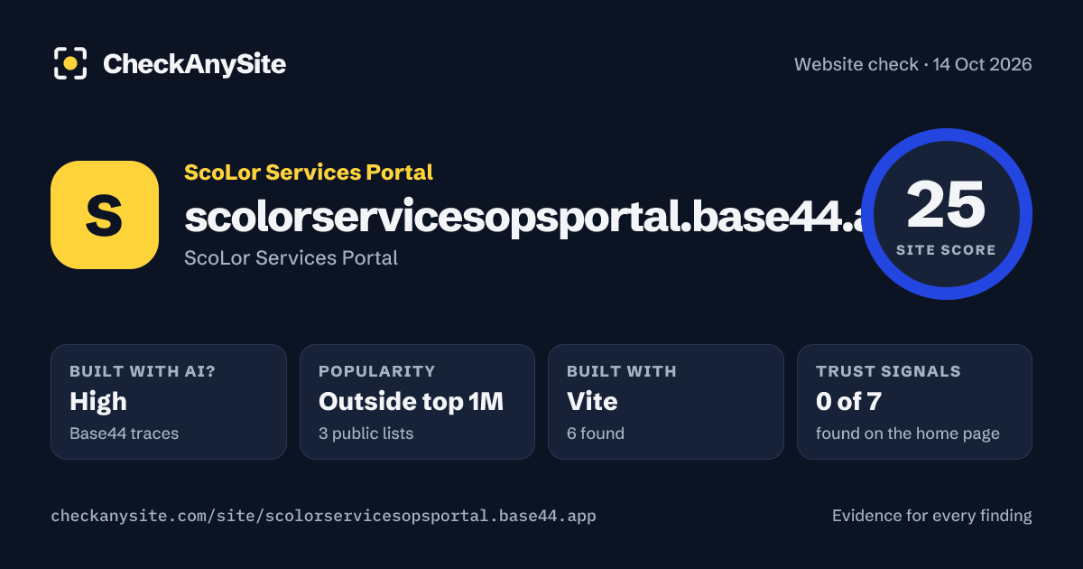 scolorservicesopsportal.base44.app on CheckAnySite: AI traces high, popularity Outside top 1M, site score 25 of 100.