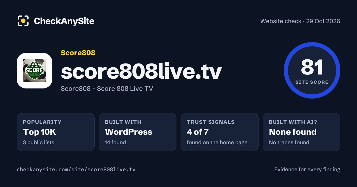 score808live.tv on CheckAnySite: AI traces none found, popularity Top 10K, site score 81 of 100.