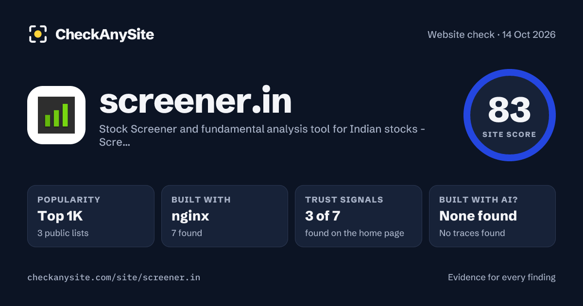 screener.in on CheckAnySite: AI traces none found, popularity Top 1K, site score 83 of 100.