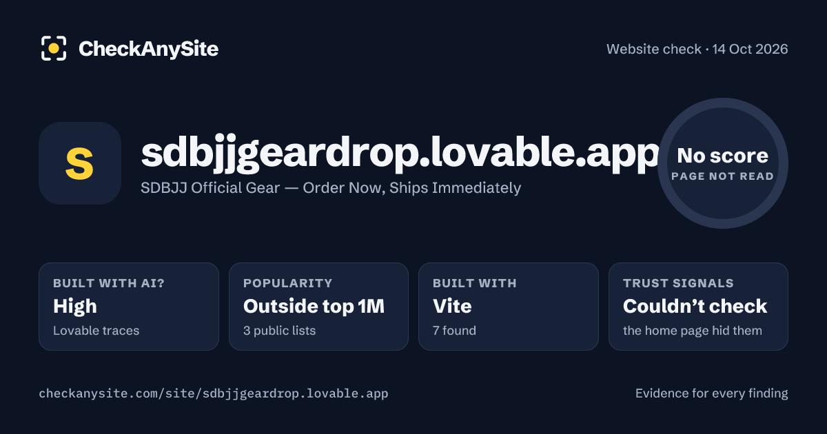 sdbjjgeardrop.lovable.app on CheckAnySite: AI traces high, popularity Outside top 1M, no score.