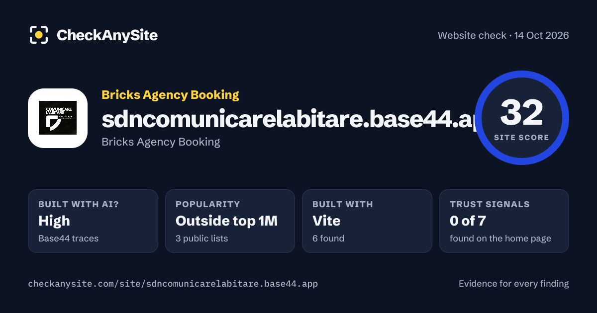 sdncomunicarelabitare.base44.app on CheckAnySite: AI traces high, popularity Outside top 1M, site score 32 of 100.