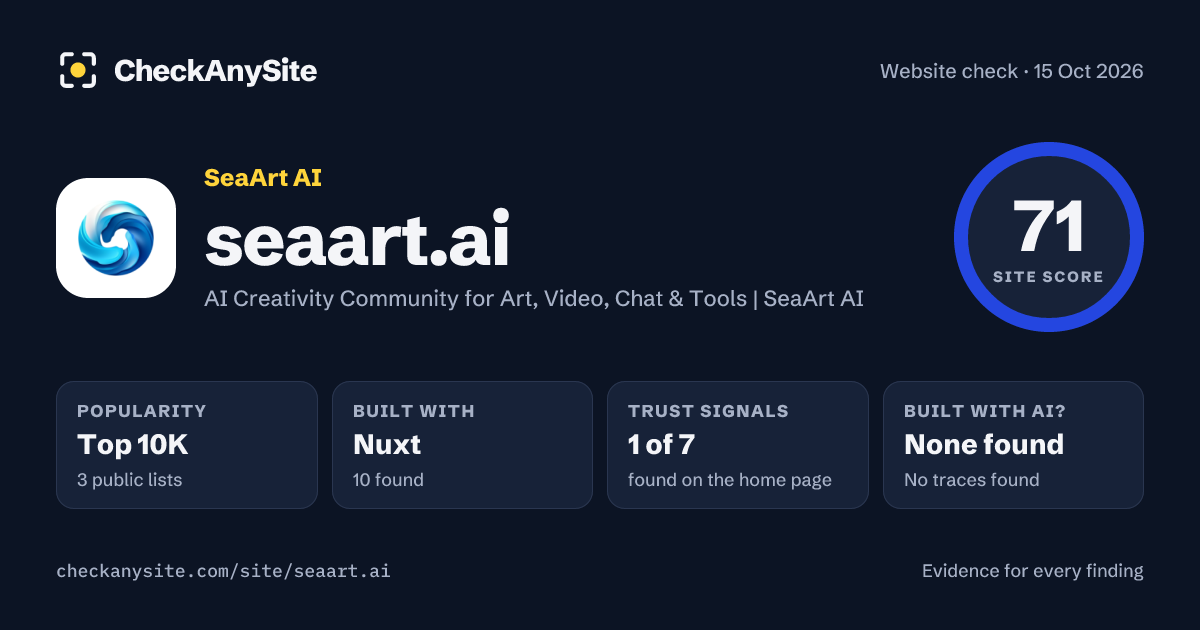 seaart.ai on CheckAnySite: AI traces none found, popularity Top 10K, site score 71 of 100.