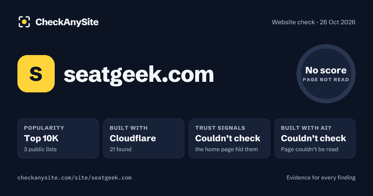 seatgeek.com on CheckAnySite: AI traces couldn’t check, popularity Top 10K, no score.