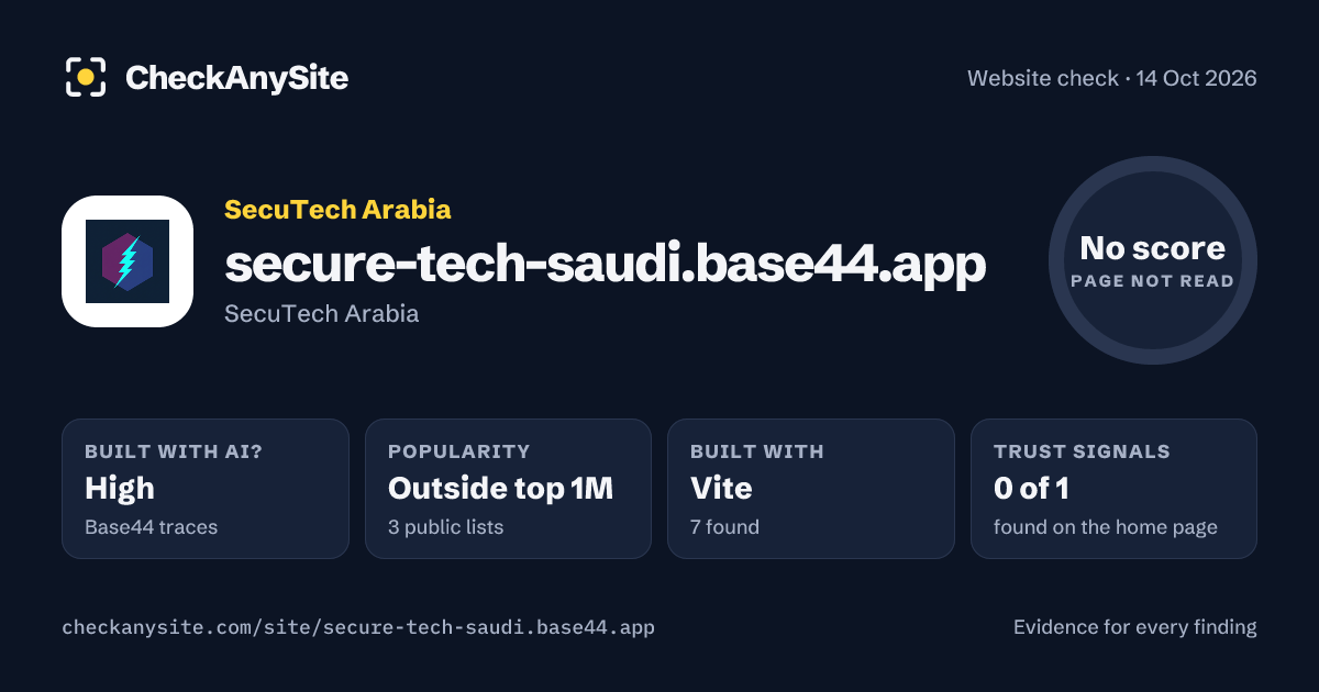 secure-tech-saudi.base44.app on CheckAnySite: AI traces high, popularity Outside top 1M, no score.