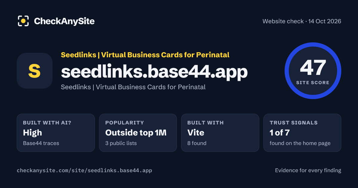 seedlinks.base44.app on CheckAnySite: AI traces high, popularity Outside top 1M, site score 47 of 100.