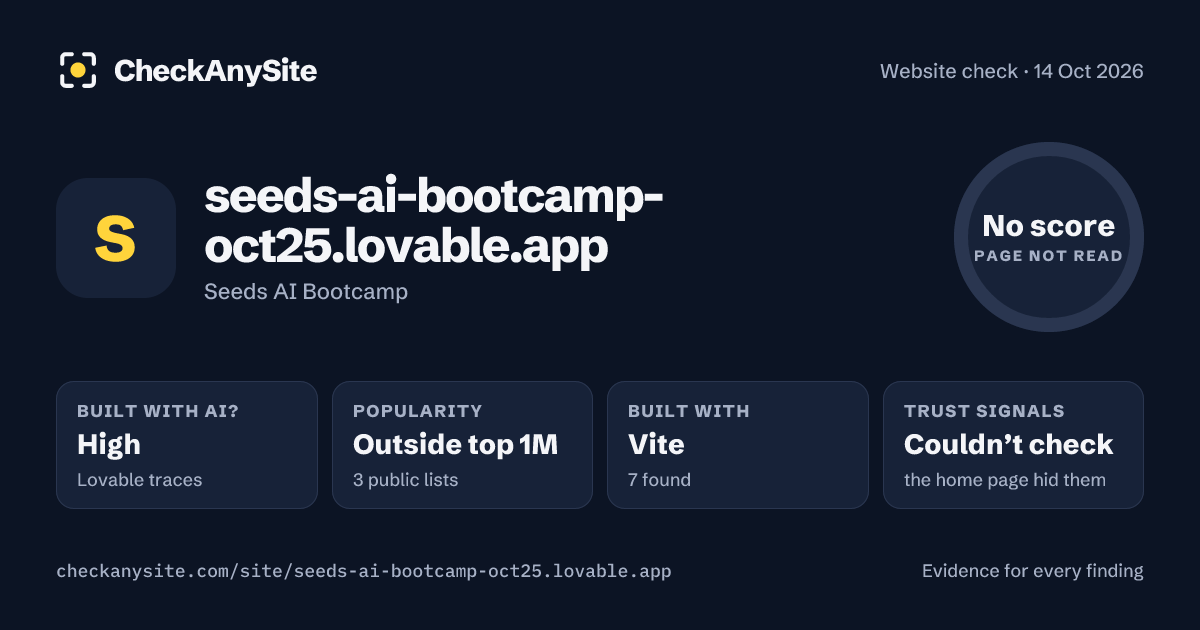 seeds-ai-bootcamp-oct25.lovable.app on CheckAnySite: AI traces high, popularity Outside top 1M, no score.