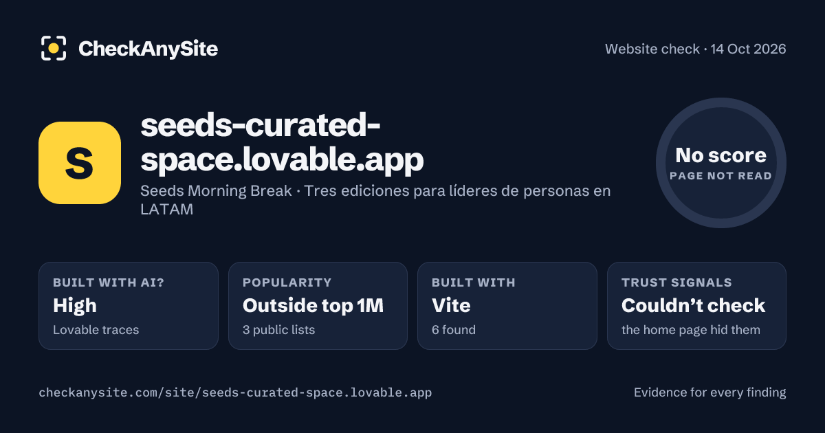 seeds-curated-space.lovable.app on CheckAnySite: AI traces high, popularity Outside top 1M, no score.