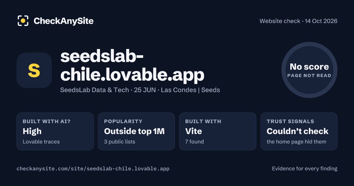 seedslab-chile.lovable.app on CheckAnySite: AI traces high, popularity Outside top 1M, no score.