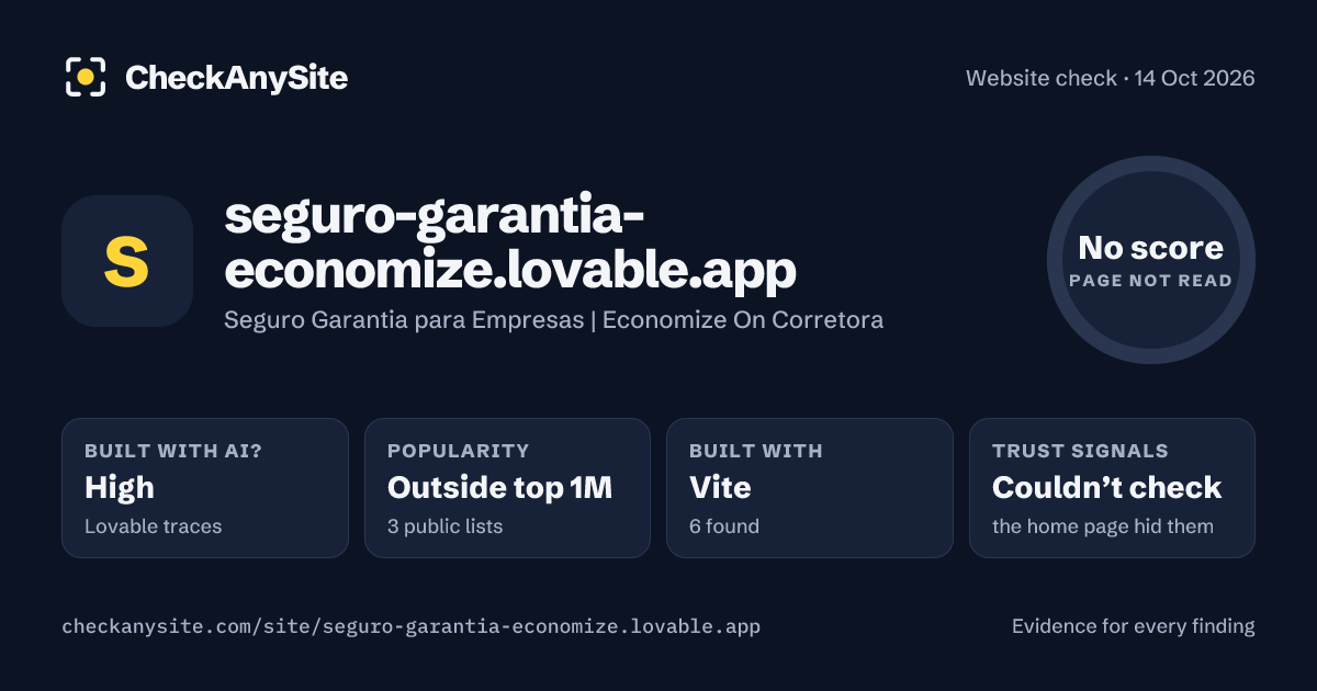 seguro-garantia-economize.lovable.app on CheckAnySite: AI traces high, popularity Outside top 1M, no score.