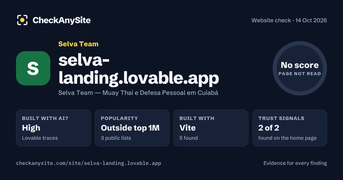 selva-landing.lovable.app on CheckAnySite: AI traces high, popularity Outside top 1M, no score.