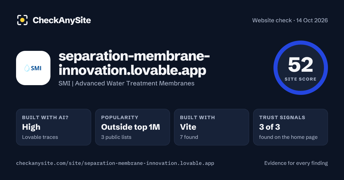 separation-membrane-innovation.lovable.app on CheckAnySite: AI traces high, popularity Outside top 1M, site score 52 of 100.