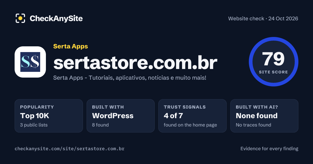 sertastore.com.br on CheckAnySite: AI traces none found, popularity Top 10K, site score 79 of 100.