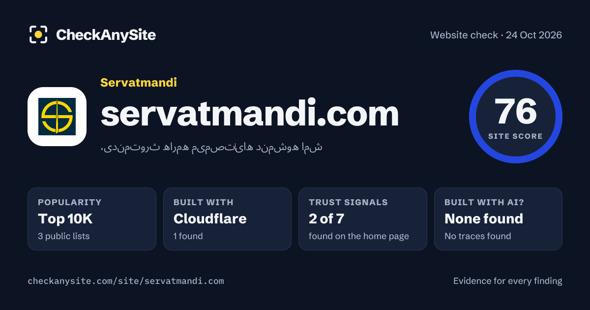 servatmandi.com on CheckAnySite: AI traces none found, popularity Top 10K, site score 76 of 100.