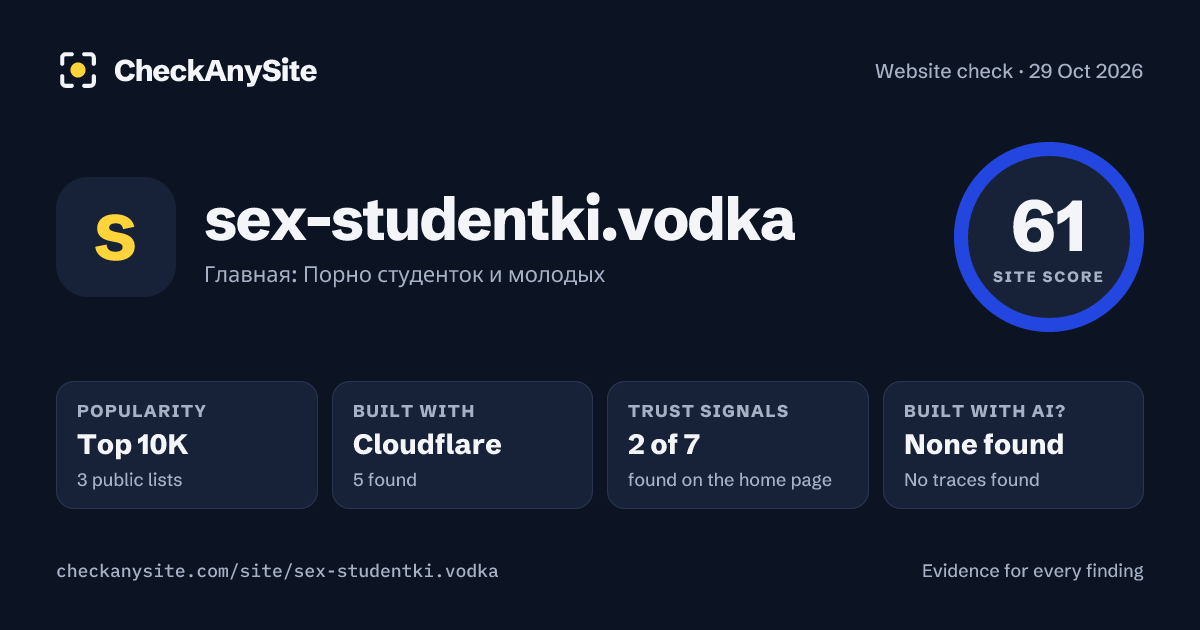 sex-studentki.vodka on CheckAnySite: AI traces none found, popularity Top 10K, site score 61 of 100.