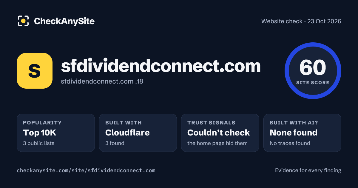 sfdividendconnect.com on CheckAnySite: AI traces none found, popularity Top 10K, site score 60 of 100.