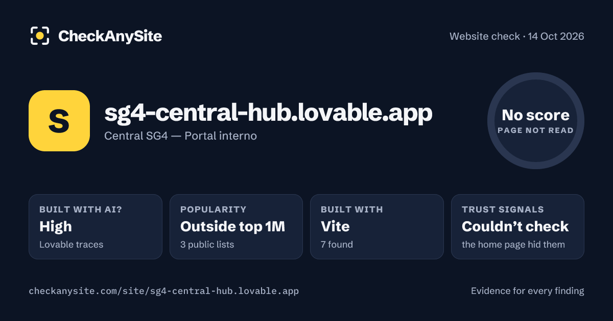 sg4-central-hub.lovable.app on CheckAnySite: AI traces high, popularity Outside top 1M, no score.