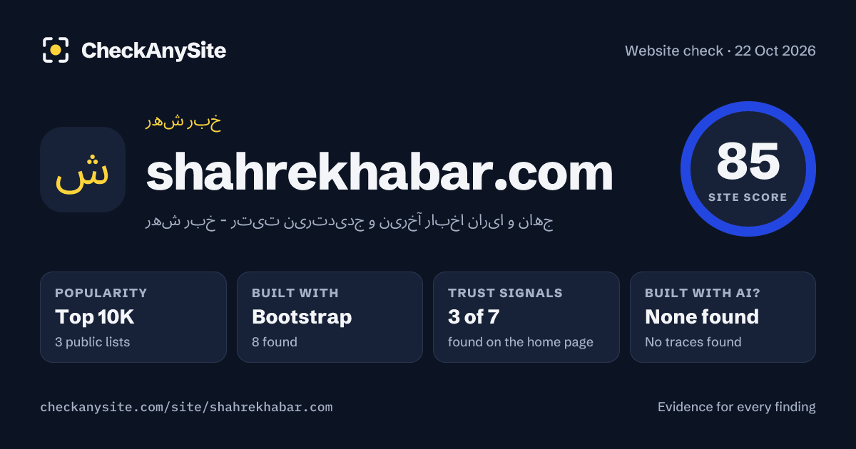shahrekhabar.com on CheckAnySite: AI traces none found, popularity Top 10K, site score 85 of 100.