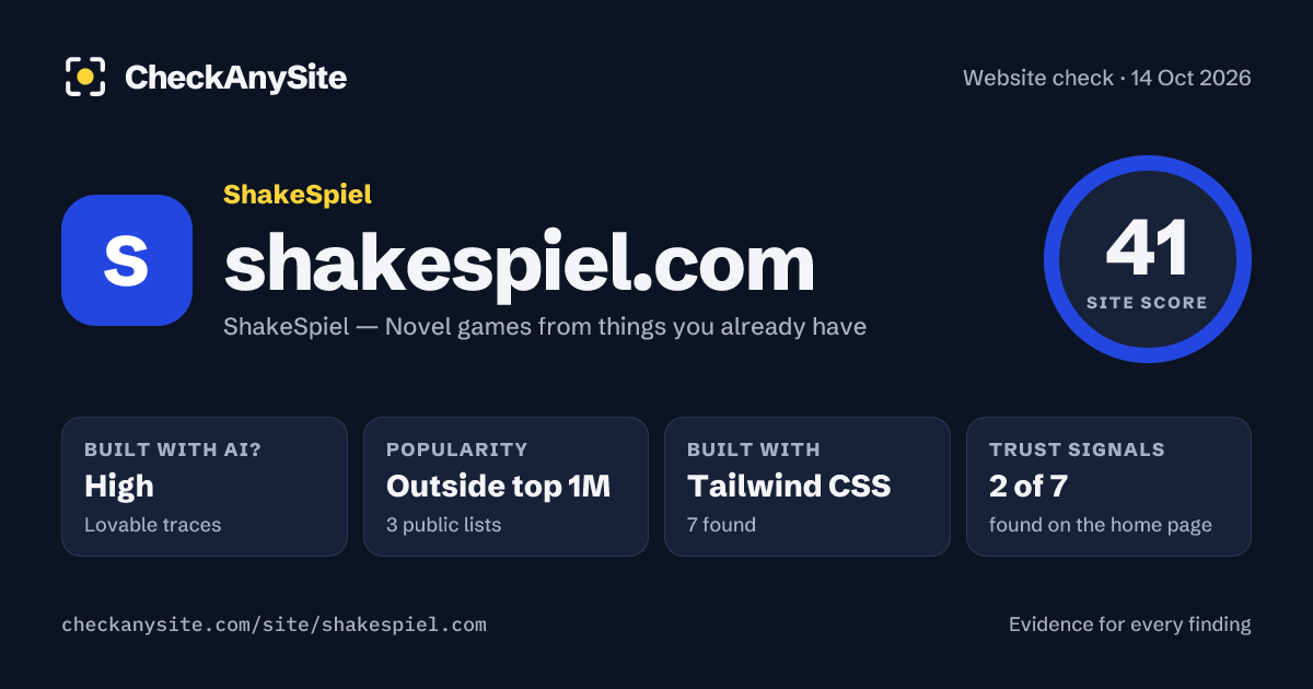 shakespiel.com on CheckAnySite: AI traces high, popularity Outside top 1M, site score 41 of 100.