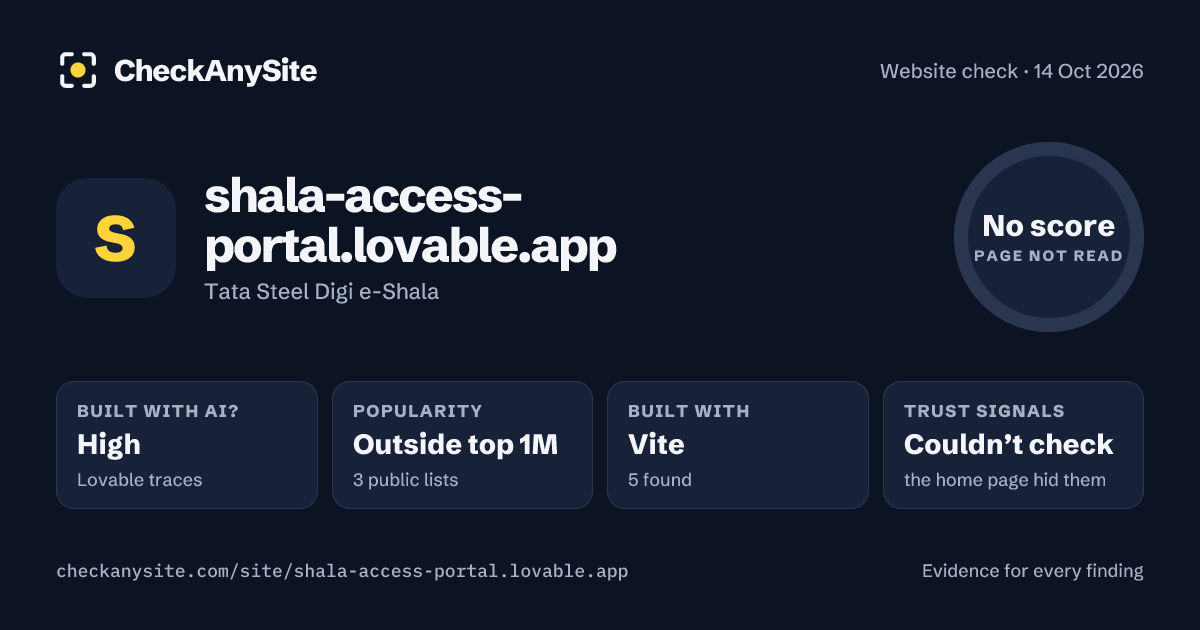 shala-access-portal.lovable.app on CheckAnySite: AI traces high, popularity Outside top 1M, no score.