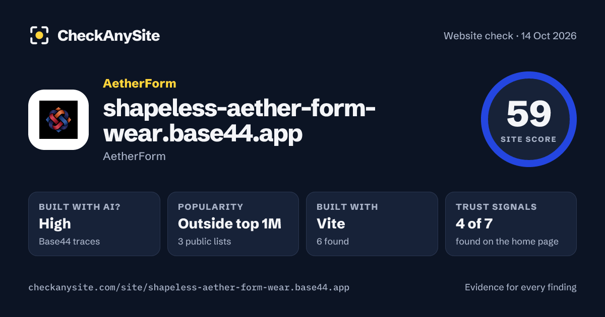 shapeless-aether-form-wear.base44.app on CheckAnySite: AI traces high, popularity Outside top 1M, site score 59 of 100.
