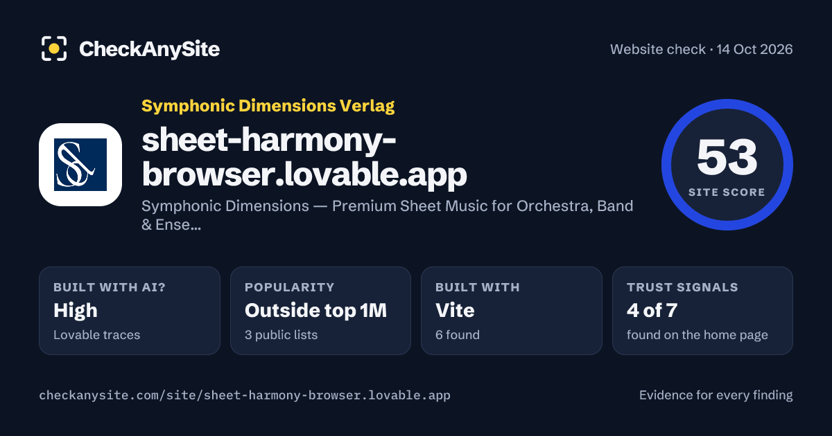 sheet-harmony-browser.lovable.app on CheckAnySite: AI traces high, popularity Outside top 1M, site score 53 of 100.