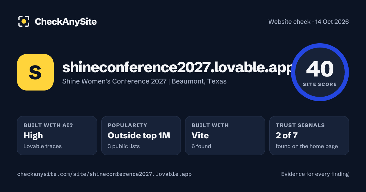 shineconference2027.lovable.app on CheckAnySite: AI traces high, popularity Outside top 1M, site score 40 of 100.