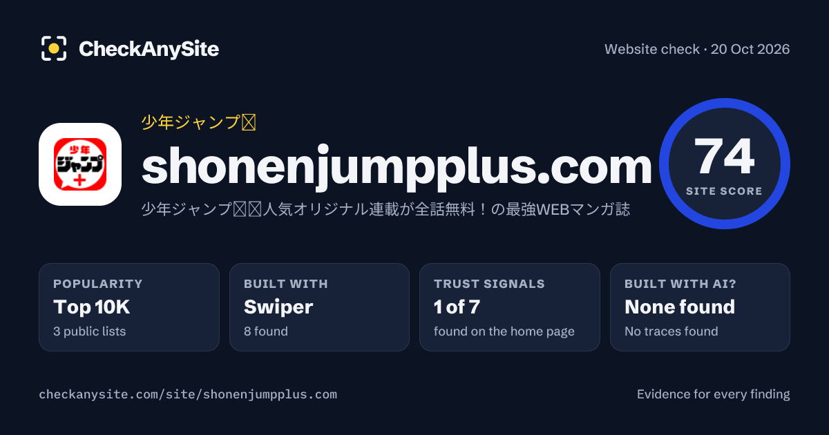 shonenjumpplus.com on CheckAnySite: AI traces none found, popularity Top 10K, site score 74 of 100.
