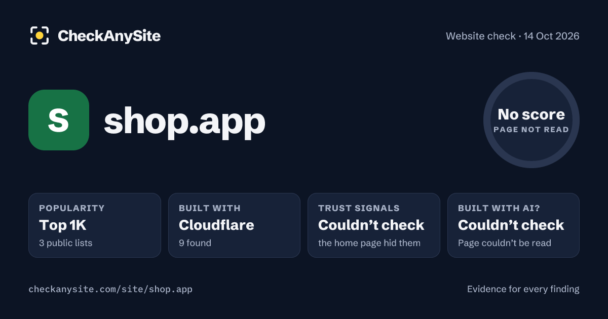shop.app on CheckAnySite: AI traces couldn’t check, popularity Top 1K, no score.
